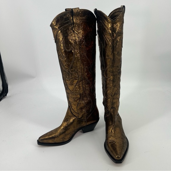 Free People Moody Bronze Metallic Snip Toe Tall Leather Embroidered Cowboy Boots - Picture 4 of 9